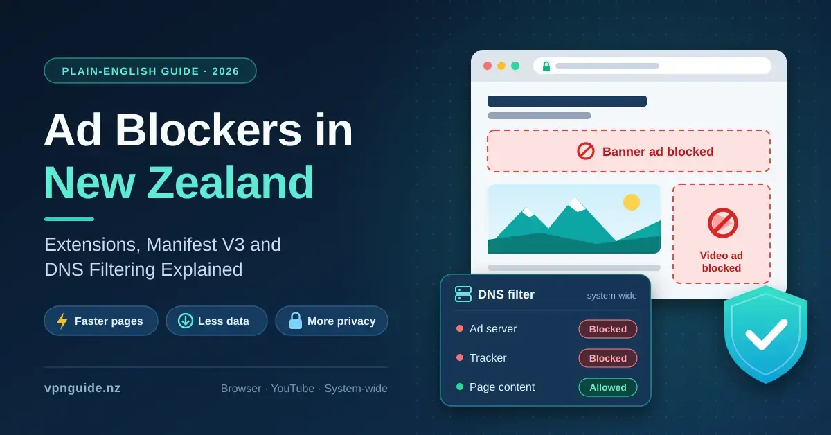 Illustration of a browser window with a banner ad and a video ad blocked, next to a DNS filter panel that blocks an ad server and a tracker while allowing page content, a checkmark shield, and the title "Ad Blockers in New Zealand: Extensions, Manifest V3 and DNS Filtering Explained".