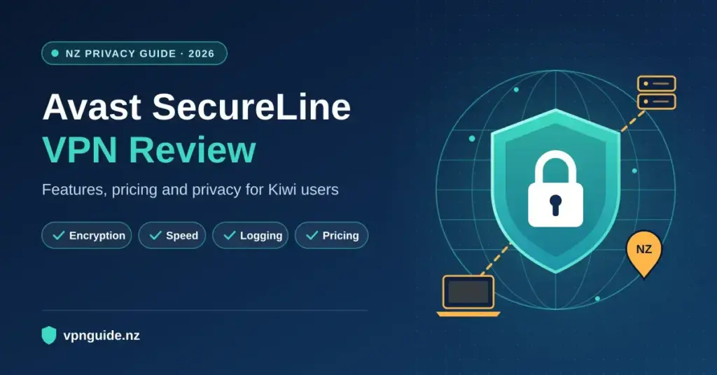 Illustrated banner for an Avast SecureLine VPN review for New Zealand, showing a padlock shield over a globe, with an encrypted connection linking a laptop to a server and a pin marked NZ.