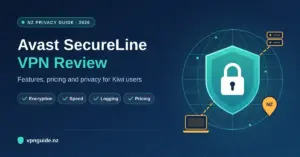 Illustrated banner for an Avast SecureLine VPN review for New Zealand, showing a padlock shield over a globe, with an encrypted connection linking a laptop to a server and a pin marked NZ.