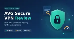 Featured image for an AVG Secure VPN review for New Zealanders, showing a teal security shield with a padlock beside a document under a magnifying glass and a speed gauge, with labels for features, speed and logging.