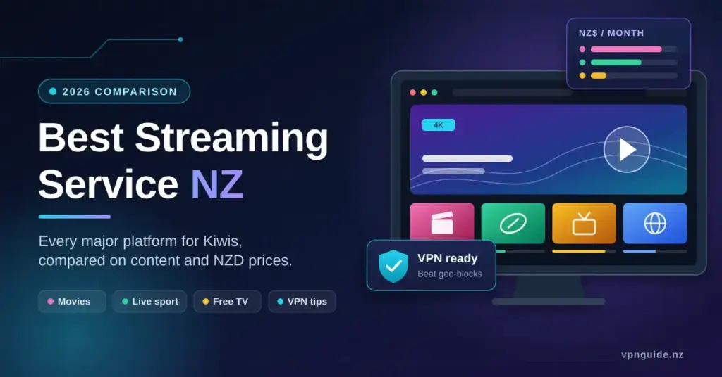 Graphic titled "Best Streaming Service NZ" with a 2026 comparison badge, showing a TV screen of streaming tiles for movies, live sport and free TV, an NZ$ monthly price comparison card and a "VPN ready" shield badge.