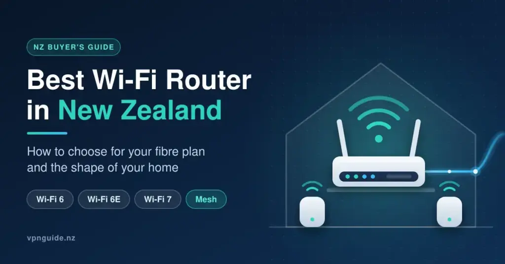 Illustration of a Wi-Fi router with signal waves inside a house outline, flanked by two mesh nodes and connected to a glowing fibre cable, beside the heading "Best Wi-Fi Router in New Zealand".
