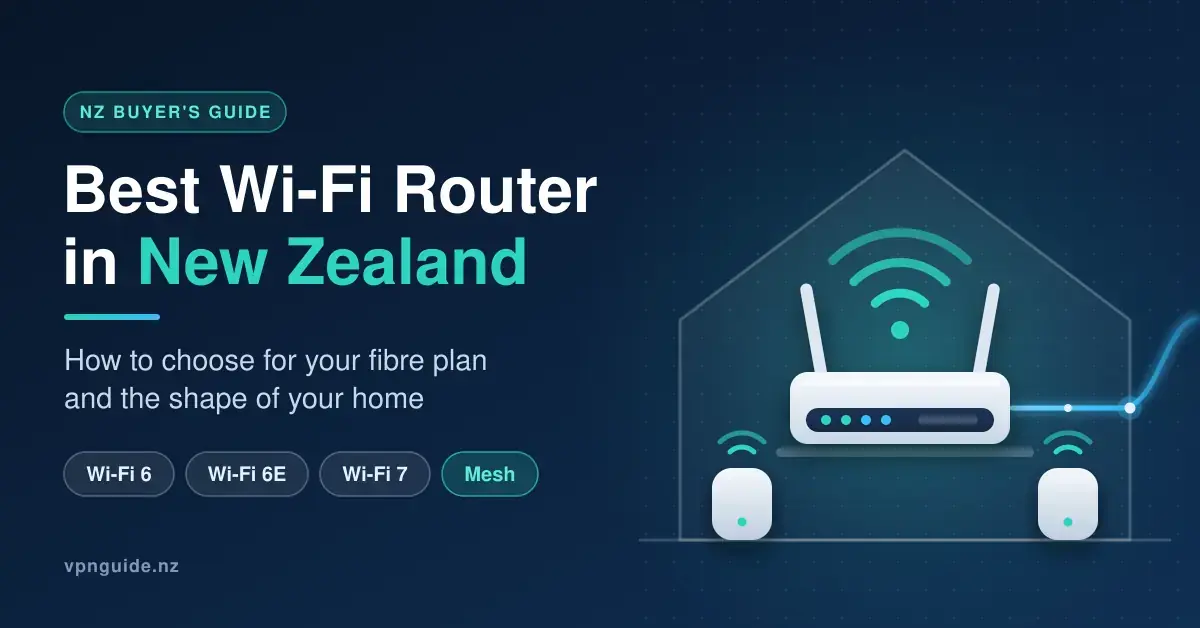 Illustration of a Wi-Fi router with signal waves inside a house outline, flanked by two mesh nodes and connected to a glowing fibre cable, beside the heading "Best Wi-Fi Router in New Zealand".