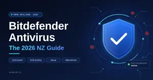 Tech-style graphic for a 2026 New Zealand guide to Bitdefender Antivirus, showing a glowing blue shield with a tick inside a protective ring that blocks red threat markers, next to the title and topics covering plans, NZD pricing, setup and alternatives.