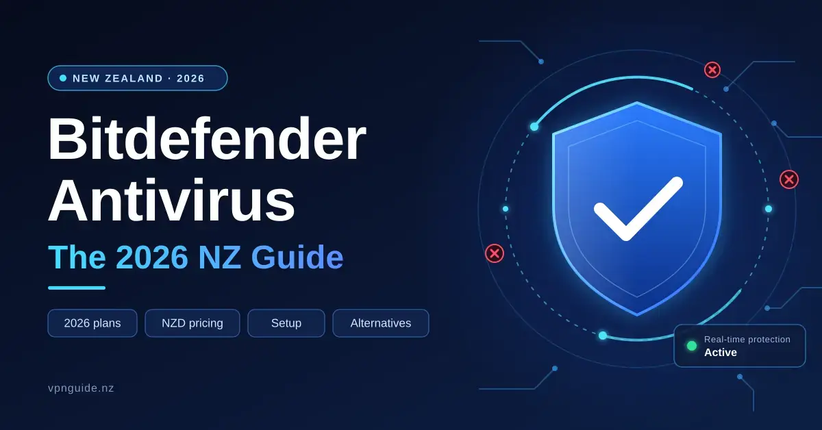 Tech-style graphic for a 2026 New Zealand guide to Bitdefender Antivirus, showing a glowing blue shield with a tick inside a protective ring that blocks red threat markers, next to the title and topics covering plans, NZD pricing, setup and alternatives.