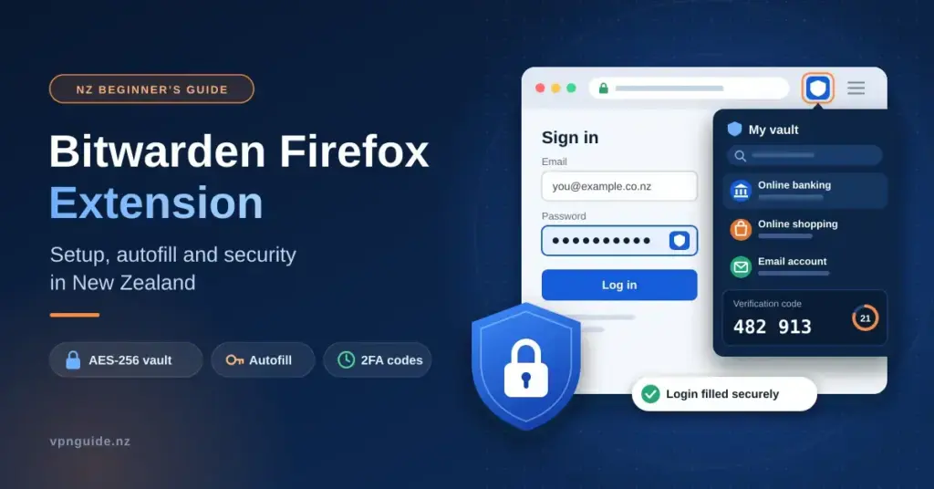 Illustration of a browser window with a password manager extension autofilling a login form, a vault pop-up showing saved logins and a two-factor verification code, and a blue shield with a padlock beside the title “Bitwarden Firefox Extension: Setup, autofill and security in New Zealand”.