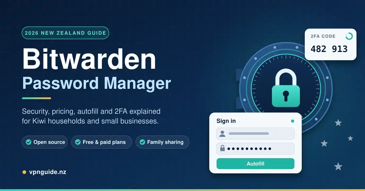 Illustrated banner for a 2026 New Zealand guide to the Bitwarden password manager, showing a padlocked digital vault beside a sign-in card with an autofill button, a two-factor authentication code and the Southern Cross stars on a navy background.