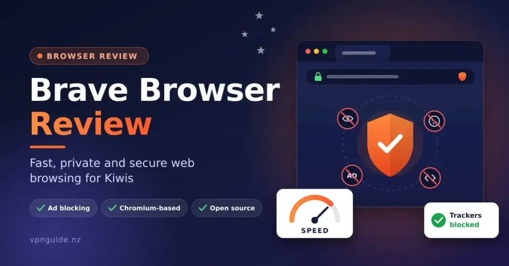 Illustration of a browser window with an orange shield blocking trackers, cookies, ads and scripts, alongside a speed gauge and the title "Brave Browser Review: fast, private and secure web browsing for Kiwis".