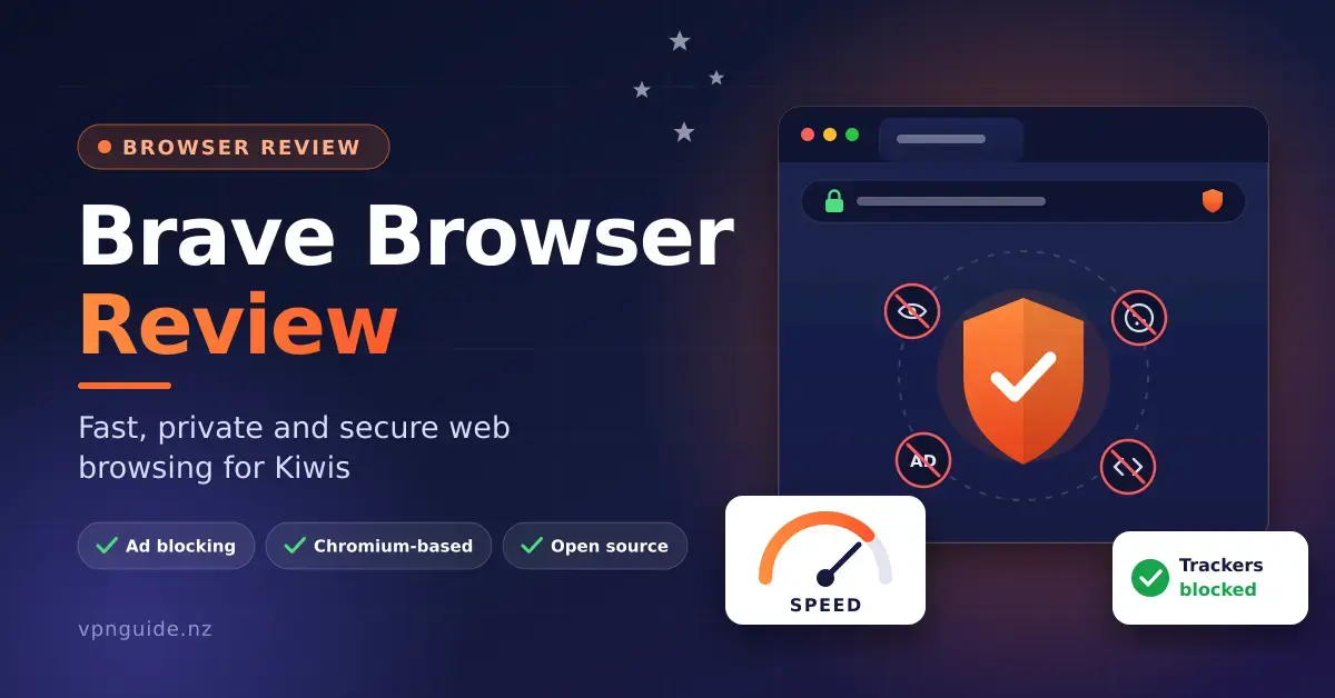 Illustration of a browser window with an orange shield blocking trackers, cookies, ads and scripts, alongside a speed gauge and the title "Brave Browser Review: fast, private and secure web browsing for Kiwis".