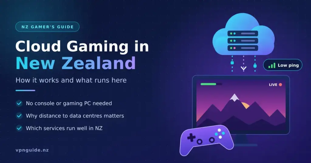 Illustration of a cloud full of game servers streaming a game to a TV screen and controller, next to the title "Cloud Gaming in New Zealand: How it works and what runs here".
