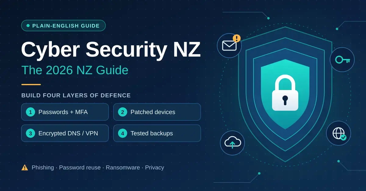 Illustration of a layered teal shield with a padlock, surrounded by icons for phishing email, passwords, encrypted connections and cloud backups, beside the title "Cyber Security NZ: The 2026 NZ Guide" and four layers of defence.
