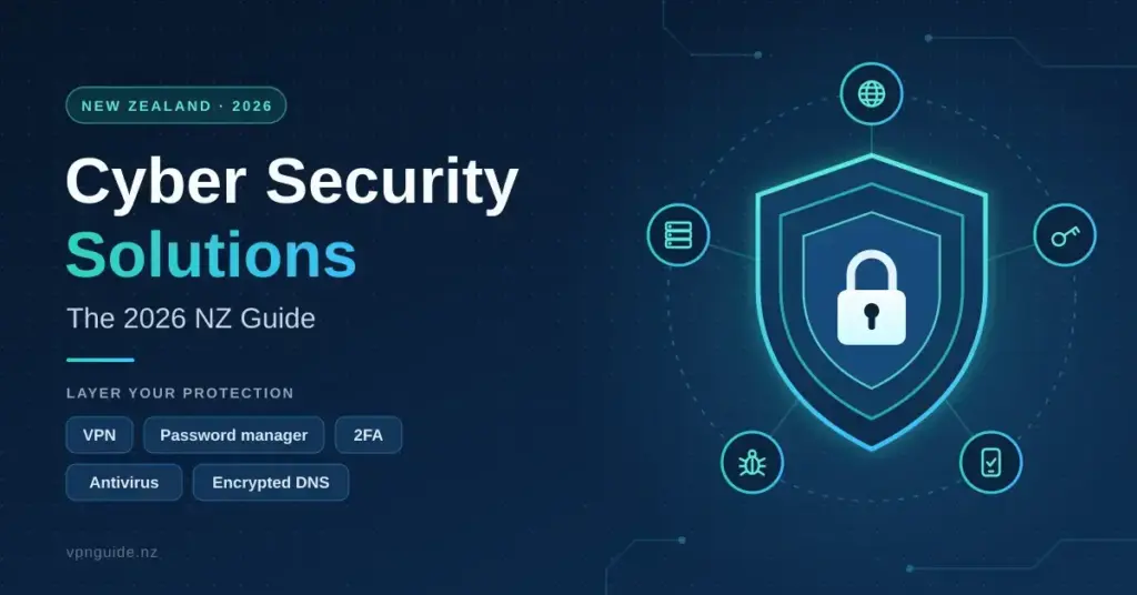 Featured graphic for "Cyber Security Solutions: The 2026 NZ Guide", showing a layered shield with a padlock surrounded by icons for a VPN, password manager, two-factor authentication, antivirus and encrypted DNS on a dark navy background.