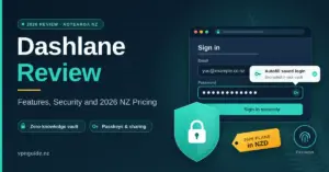 Dashlane review featured graphic showing a browser sign-in form with password autofill, a teal padlock shield, a passkeys badge and a price tag reading 2026 plans in NZD beside the title and subtitle.