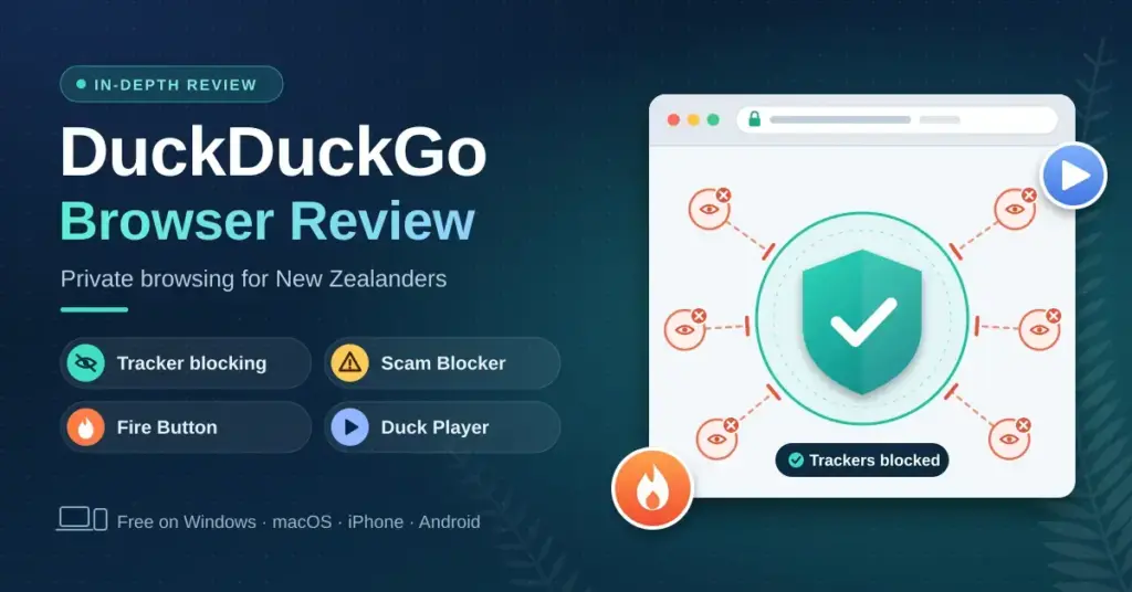 Illustration for a DuckDuckGo browser review showing a browser window with a green shield blocking surrounding trackers, alongside feature labels for tracker blocking, Scam Blocker, Fire Button and Duck Player for New Zealand users.
