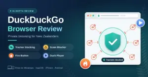 Illustration for a DuckDuckGo browser review showing a browser window with a green shield blocking surrounding trackers, alongside feature labels for tracker blocking, Scam Blocker, Fire Button and Duck Player for New Zealand users.