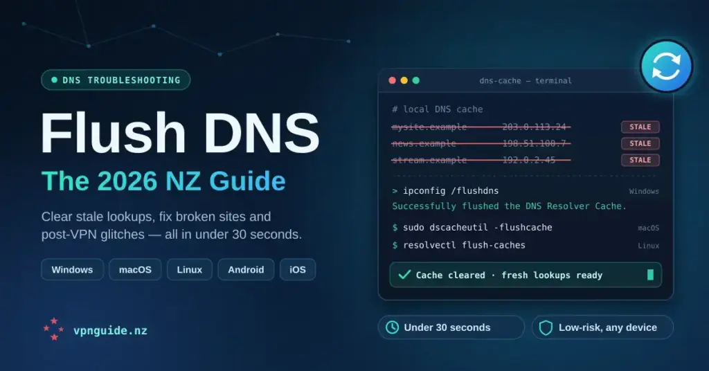 Tech-style graphic titled "Flush DNS: The 2026 NZ Guide" showing a terminal window where stale DNS cache entries are struck out and cleared using flush commands for Windows, macOS and Linux, beside platform tags and a note that it takes under 30 seconds.