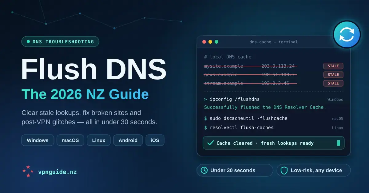 Tech-style graphic titled "Flush DNS: The 2026 NZ Guide" showing a terminal window where stale DNS cache entries are struck out and cleared using flush commands for Windows, macOS and Linux, beside platform tags and a note that it takes under 30 seconds.