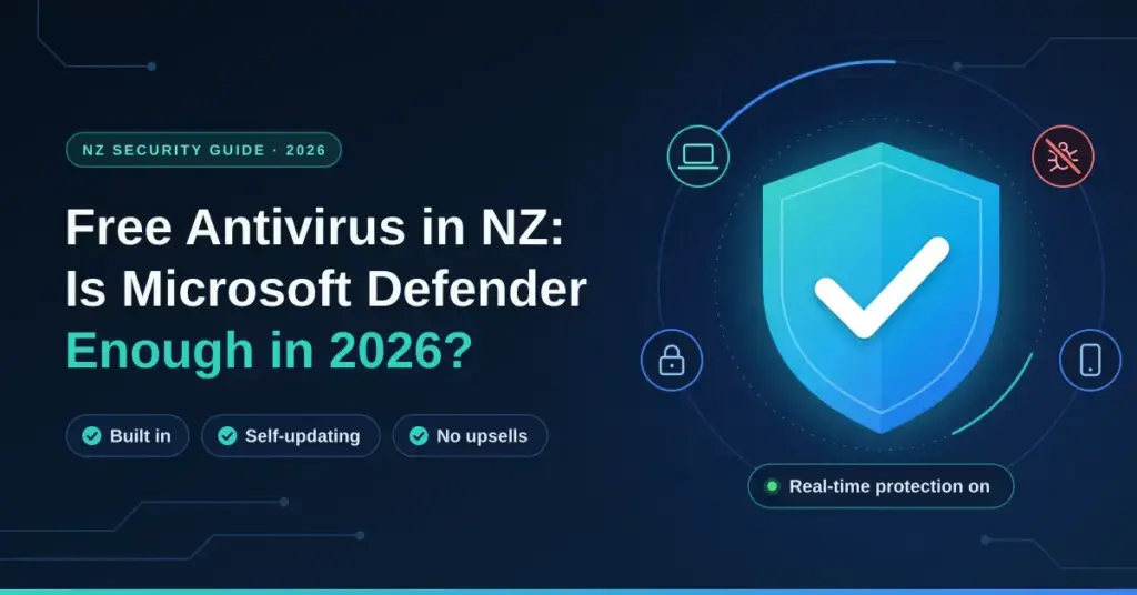 Tech-style graphic with a glowing blue shield and tick, surrounded by laptop, phone, lock and blocked-malware icons, beside the headline 'Free Antivirus in NZ: Is Microsoft Defender Enough in 2026?'