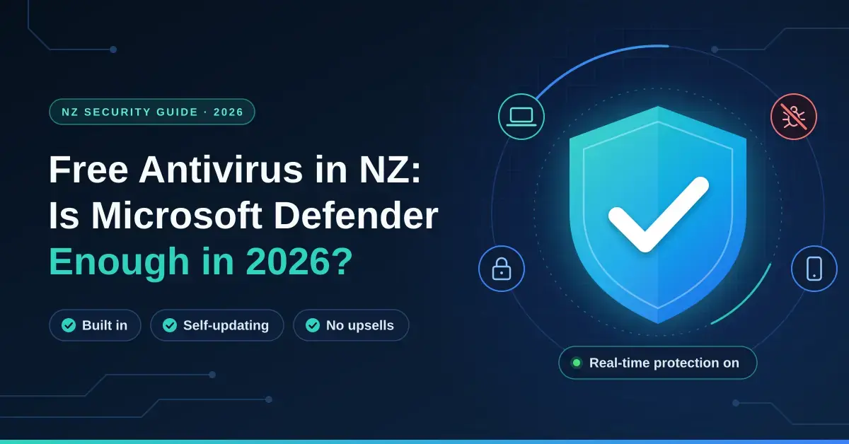 Tech-style graphic with a glowing blue shield and tick, surrounded by laptop, phone, lock and blocked-malware icons, beside the headline 'Free Antivirus in NZ: Is Microsoft Defender Enough in 2026?'