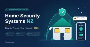 Illustration of a house protected by a glowing security dome with a shield, a wall-mounted camera and a smartphone app showing the system armed, beside the title "Home Security Systems NZ: How to Protect Your Home in 2026".