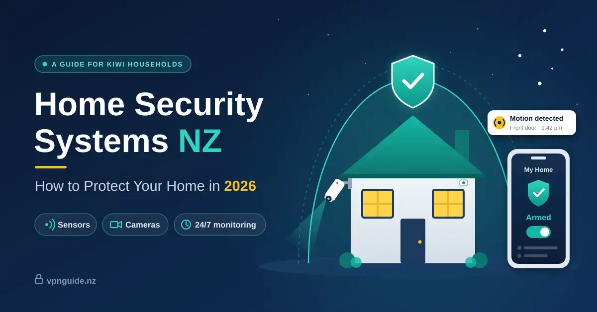Illustration of a house protected by a glowing security dome with a shield, a wall-mounted camera and a smartphone app showing the system armed, beside the title "Home Security Systems NZ: How to Protect Your Home in 2026".