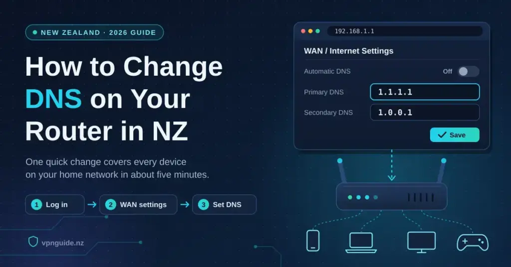Illustration of a router admin panel at 192.168.1.1 with automatic DNS switched off and the primary and secondary DNS set to 1.1.1.1 and 1.0.0.1, connected to a home router that shares the setting with a phone, laptop, TV and games console, next to the title "How to Change DNS on Your Router in NZ".