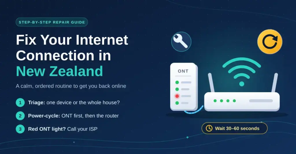 Illustration of a fibre ONT box with one red warning light connected to a Wi-Fi router, beside the heading "Fix Your Internet Connection in New Zealand" and three repair steps: triage, power-cycle the ONT then the router, and call your ISP for a red ONT light.