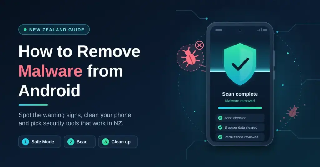 Illustration of an Android phone showing a green security shield and a "Malware removed" scan result, with red bug icons being cleared away beside the title "How to Remove Malware from Android" and the steps Safe Mode, Scan and Clean up.