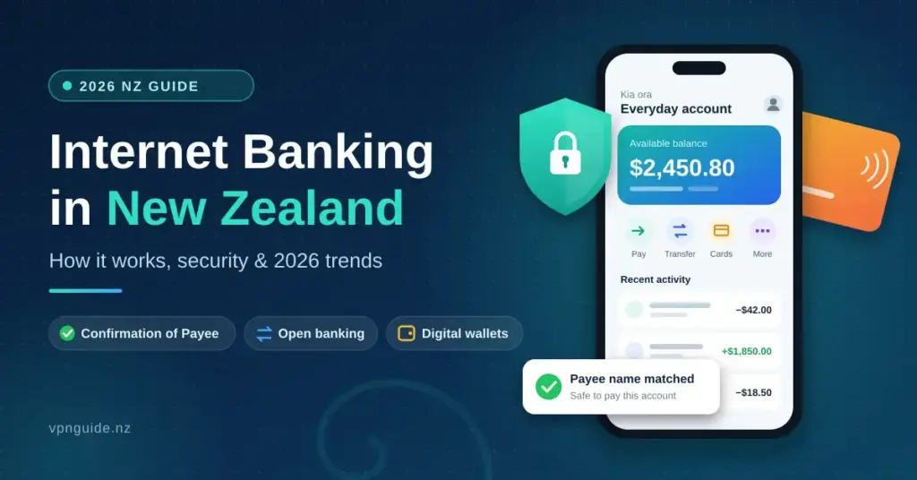 Illustration of a smartphone banking app showing an account balance and a "Payee name matched" confirmation, beside a security shield with a padlock, a contactless bank card and the title "Internet Banking in New Zealand: How it works, security & 2026 trends".