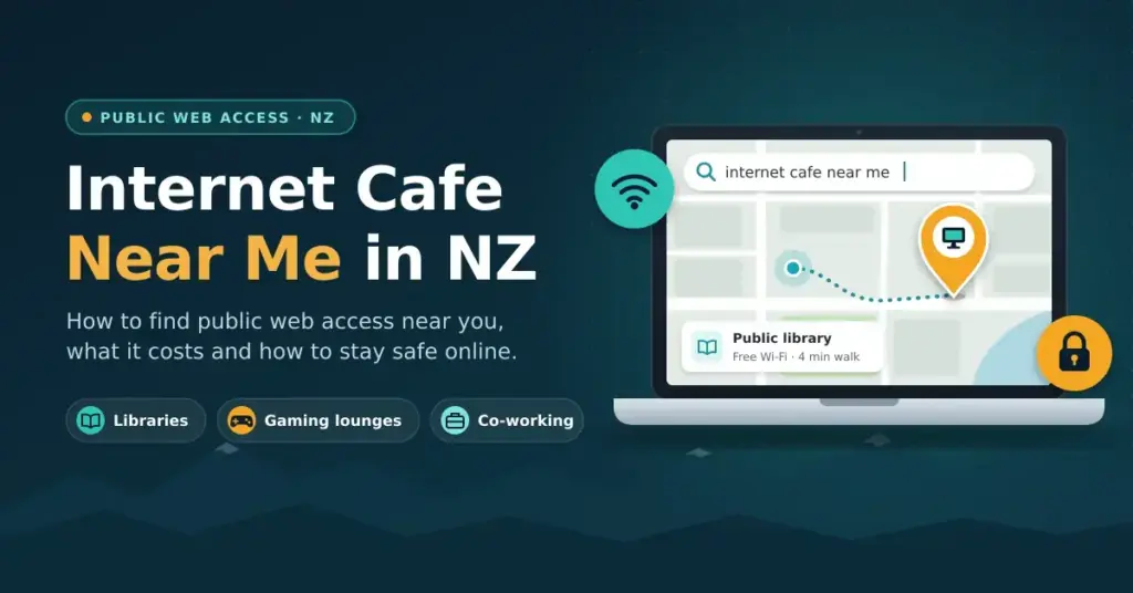 Illustration of a laptop showing a map search for "internet cafe near me" with a pin marking a nearby public library, beside the headline "Internet Cafe Near Me in NZ" and labels for libraries, gaming lounges and co-working spaces.