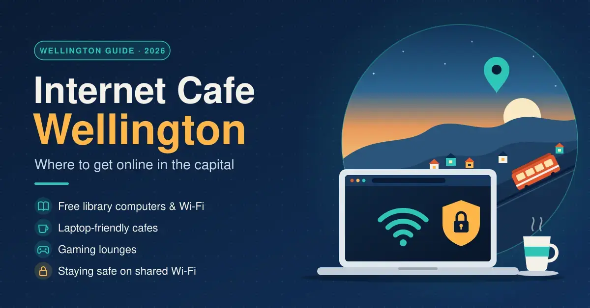 Illustrated featured graphic reading "Internet Cafe Wellington – Where to get online in the capital", showing a laptop with a Wi-Fi symbol and padlock shield, a coffee cup and a red cable car climbing a Wellington hillside at sunset.