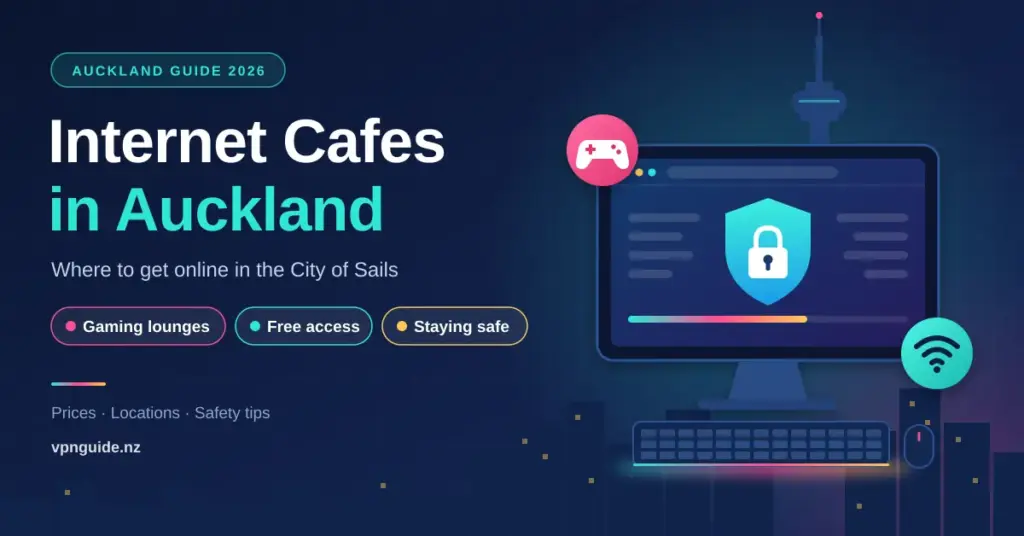 Illustrated banner reading "Internet Cafes in Auckland", showing a computer screen with a security shield and padlock, a gaming controller icon, a Wi-Fi icon and an Auckland skyline with a tall city tower on a dark navy background.