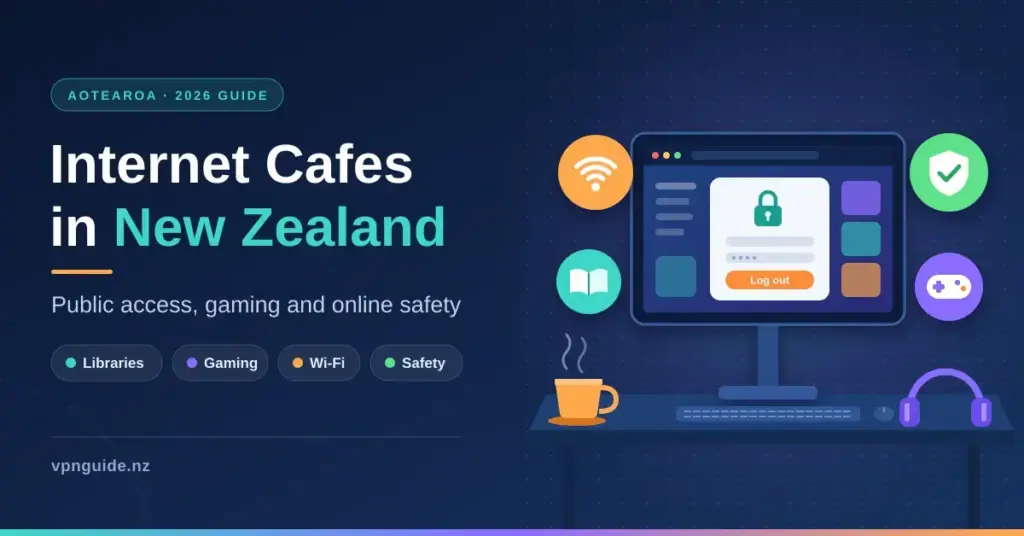 Illustration of a public computer desk with a monitor showing a padlocked log-in screen and a Log out button, surrounded by Wi-Fi, library book, gaming controller and security shield icons, beside the title Internet Cafes in New Zealand.
