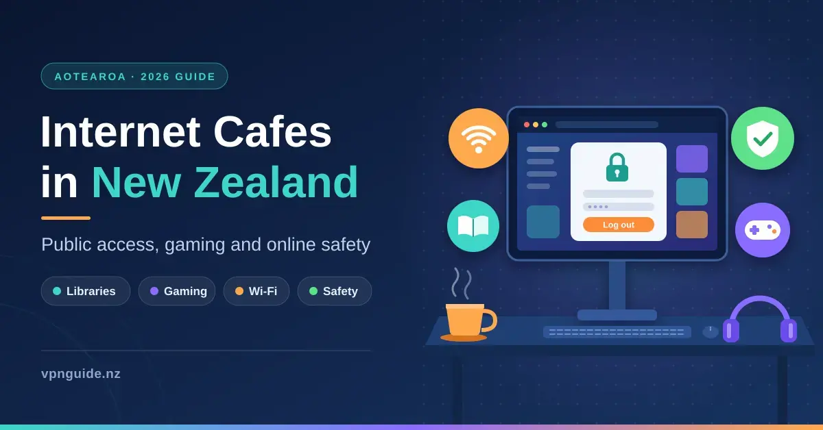 Illustration of a public computer desk with a monitor showing a padlocked log-in screen and a Log out button, surrounded by Wi-Fi, library book, gaming controller and security shield icons, beside the title Internet Cafes in New Zealand.