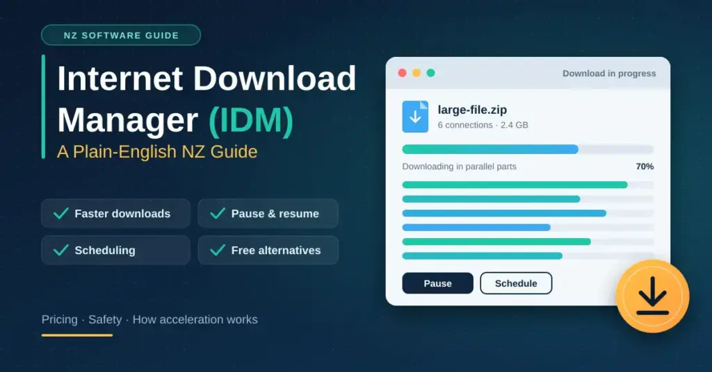 Illustrated banner for a plain-English NZ guide to Internet Download Manager (IDM), showing a download window with a file being fetched in several parallel parts, pause and schedule buttons, and highlights for faster downloads, pause and resume, scheduling and free alternatives.