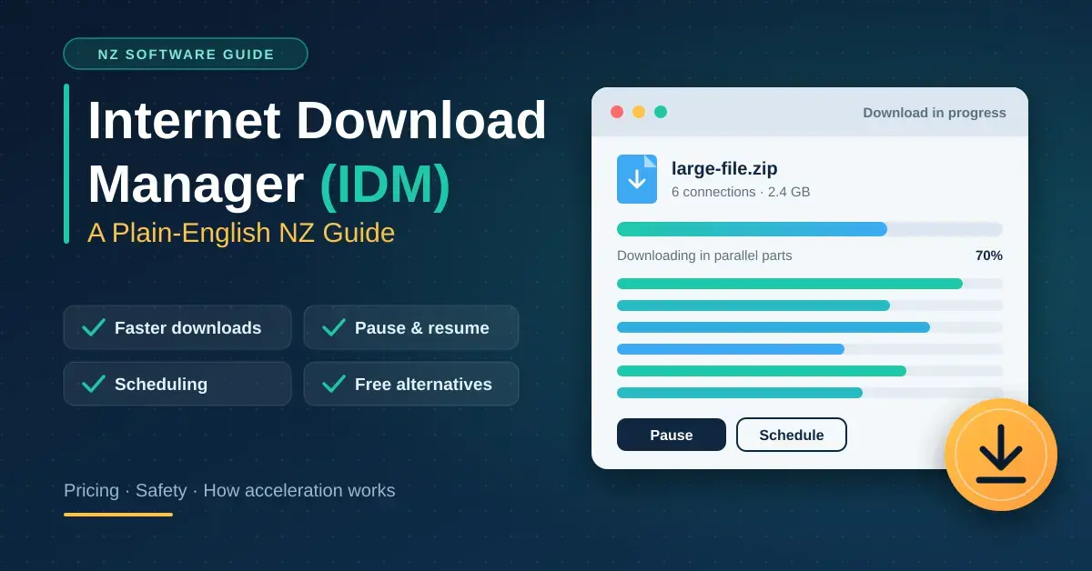 Illustrated banner for a plain-English NZ guide to Internet Download Manager (IDM), showing a download window with a file being fetched in several parallel parts, pause and schedule buttons, and highlights for faster downloads, pause and resume, scheduling and free alternatives.