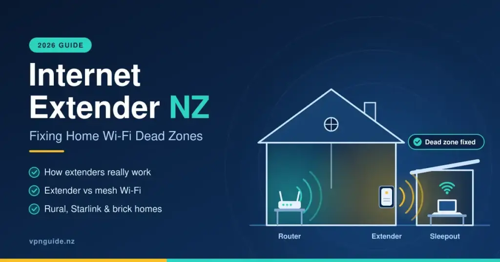 Illustration of a house cross-section showing a Wi-Fi router in the living area and a plug-in internet extender rebroadcasting the signal to a laptop in a backyard sleepout, next to the title "Internet Extender NZ: Fixing Home Wi-Fi Dead Zones".