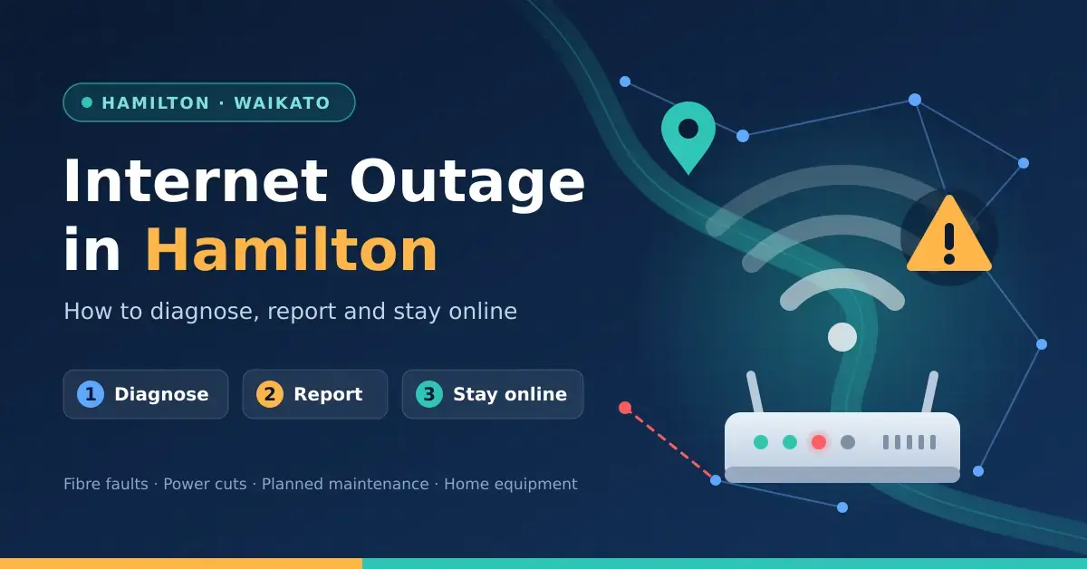 Illustration of a home router with a red warning light, a faded Wi-Fi signal and a broken fibre network line across a stylised map of Hamilton, beside the title “Internet Outage in Hamilton” and the steps Diagnose, Report and Stay online.