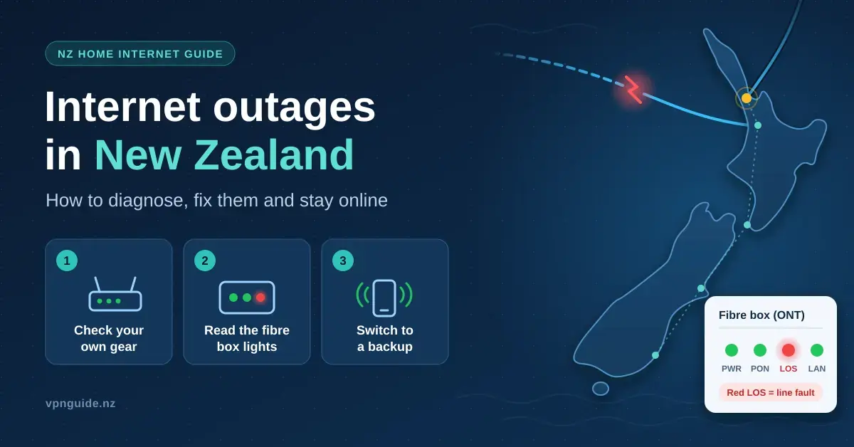 Illustration of a map of New Zealand with a broken undersea internet cable and a fibre box showing a red LOS light, beside three steps for handling an internet outage: check your own gear, read the fibre box lights and switch to a backup.
