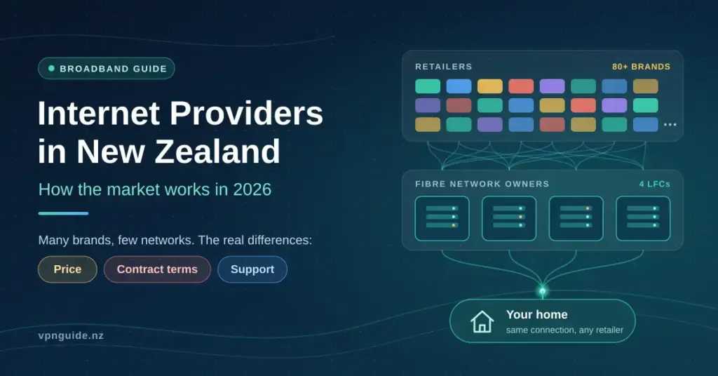 Graphic titled "Internet Providers in New Zealand: How the market works in 2026", showing a diagram of more than 80 retail broadband brands connecting to four fibre network owners and then to a single connection in your home, with price, contract terms and support highlighted as the real differences.