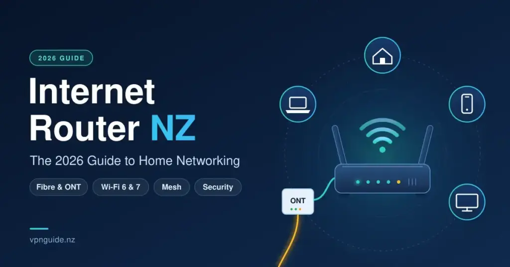 Illustration of a home Wi-Fi router connected by fibre to an ONT, sending wireless signal to a laptop, phone, TV and smart home, beside the title Internet Router NZ: The 2026 Guide to Home Networking.