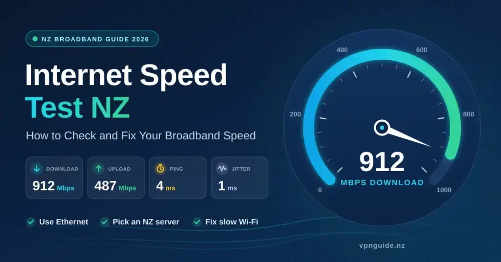 Illustrated internet speed test dashboard for New Zealand broadband, showing a speedometer gauge reading 912 Mbps alongside download, upload, ping and jitter results and tips to use Ethernet, pick an NZ server and fix slow Wi-Fi.