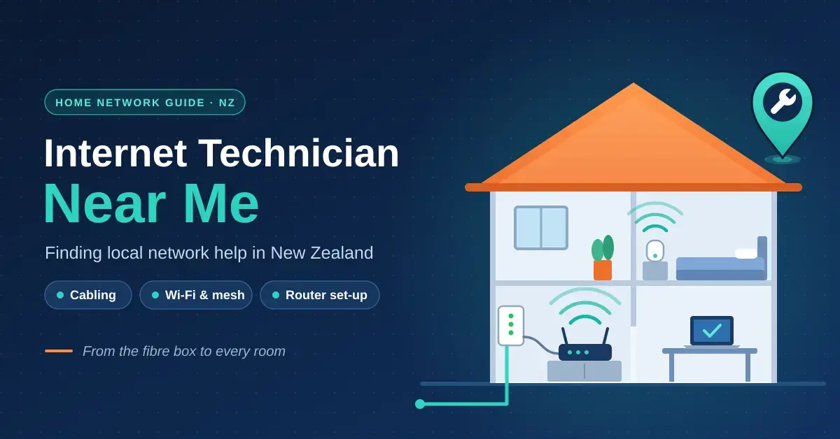 Illustration of a New Zealand house cross-section with a fibre line running into the fibre box, a router and a mesh node sending Wi-Fi to every room, a location pin with a wrench, and the title "Internet Technician Near Me".