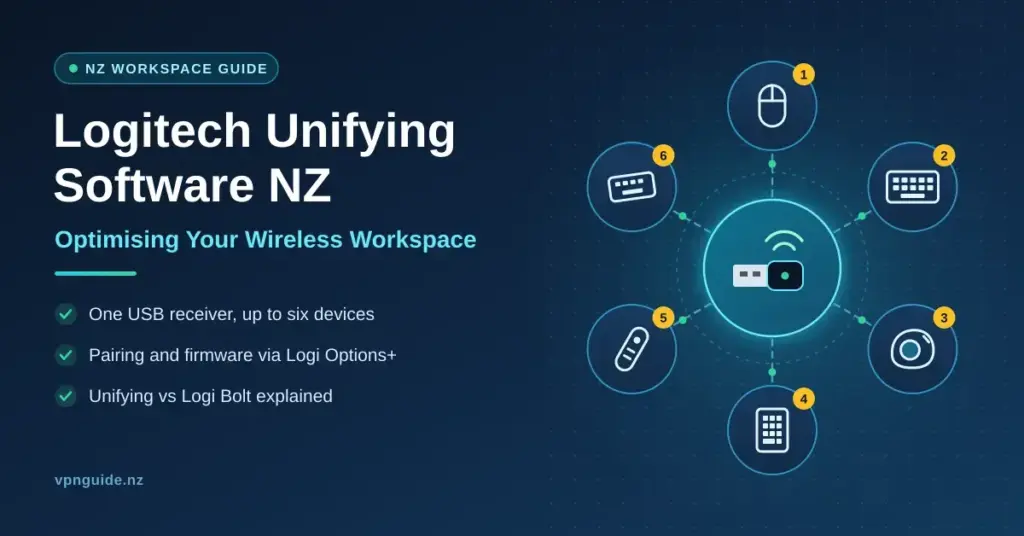 Illustration of a single USB wireless receiver at the centre of a hub, linked to six numbered devices including a mouse, keyboards, a trackball, a numeric keypad and a presenter, beside the title “Logitech Unifying Software NZ: Optimising Your Wireless Workspace”.
