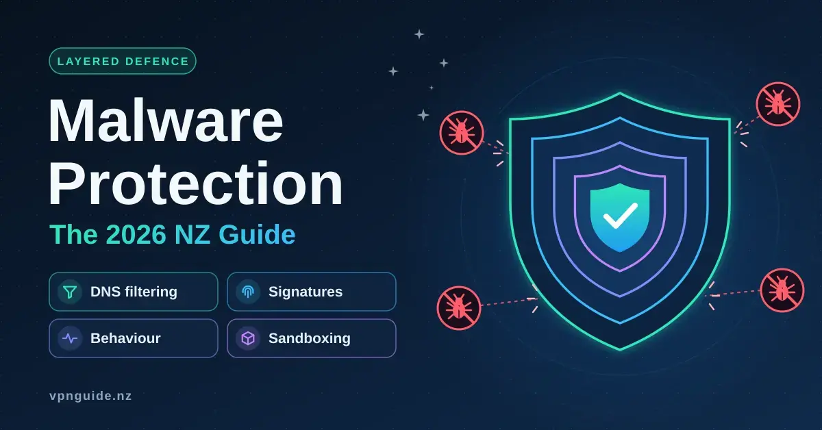 Illustration of a layered security shield with a tick at its centre deflecting crossed-out malware bugs, beside the title "Malware Protection: The 2026 NZ Guide" and labels for DNS filtering, signatures, behaviour and sandboxing.