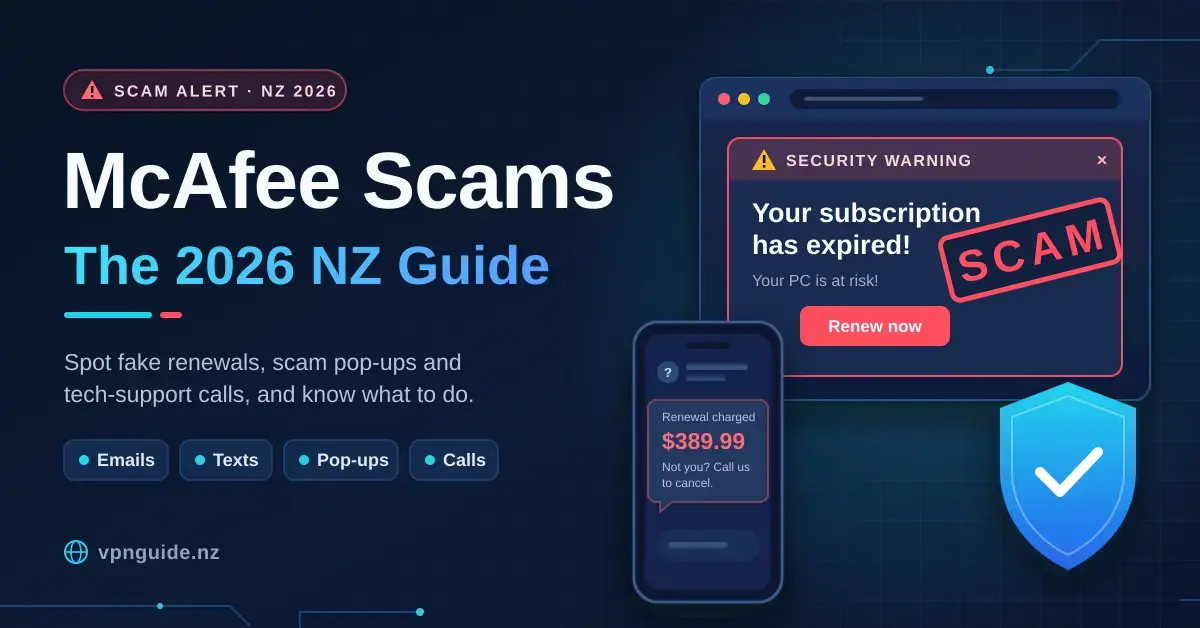 Tech-style graphic for McAfee Scams: The 2026 NZ Guide, showing a fake "subscription expired" pop-up stamped SCAM, a phone text about a $389.99 renewal charge and a blue protective shield on a dark navy background.