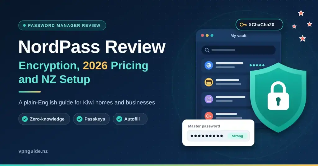 Illustration for a NordPass review showing a password vault app window, a teal shield with a padlock, a strong master password field and Southern Cross stars, beside the title covering encryption, 2026 pricing and NZ setup.