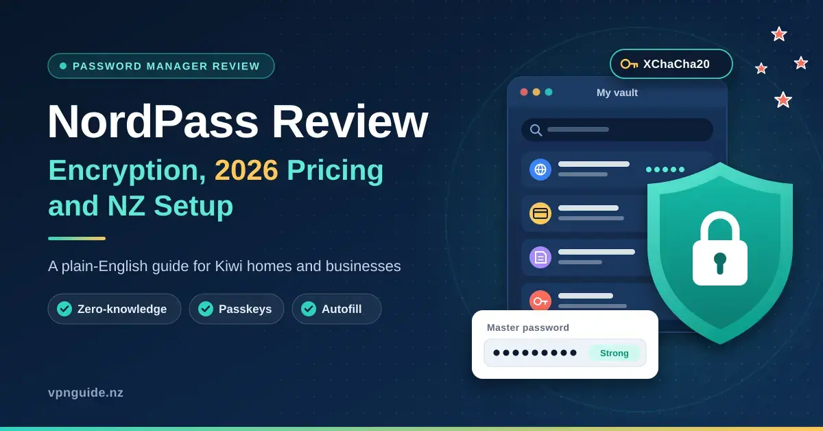 Illustration for a NordPass review showing a password vault app window, a teal shield with a padlock, a strong master password field and Southern Cross stars, beside the title covering encryption, 2026 pricing and NZ setup.