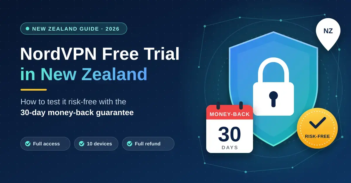 Featured graphic for a guide to the NordVPN free trial in New Zealand, showing a padlock shield, a 30-day money-back calendar and a risk-free badge beside the headline and key points: full access, 10 devices and a full refund.