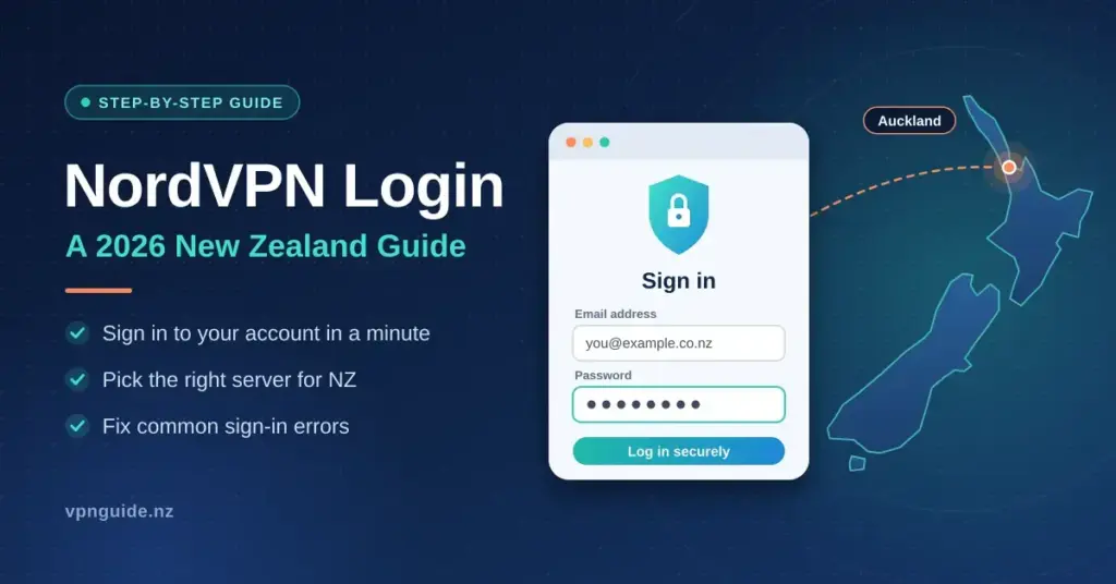 Illustration of a secure sign-in window with a shield and padlock beside a map of New Zealand with Auckland pinned, next to the heading "NordVPN Login: A 2026 New Zealand Guide".